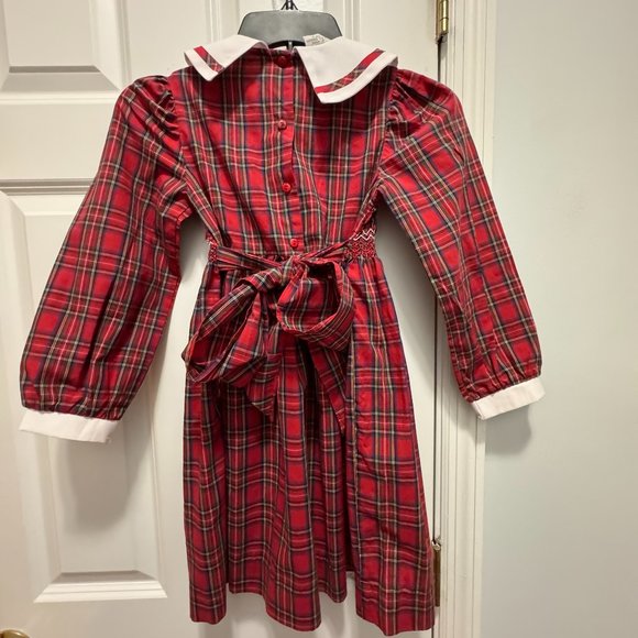 Polly Finders Red plaid smocked with plaid trimmed collar and tie bow 6X - Picture 3 of 7